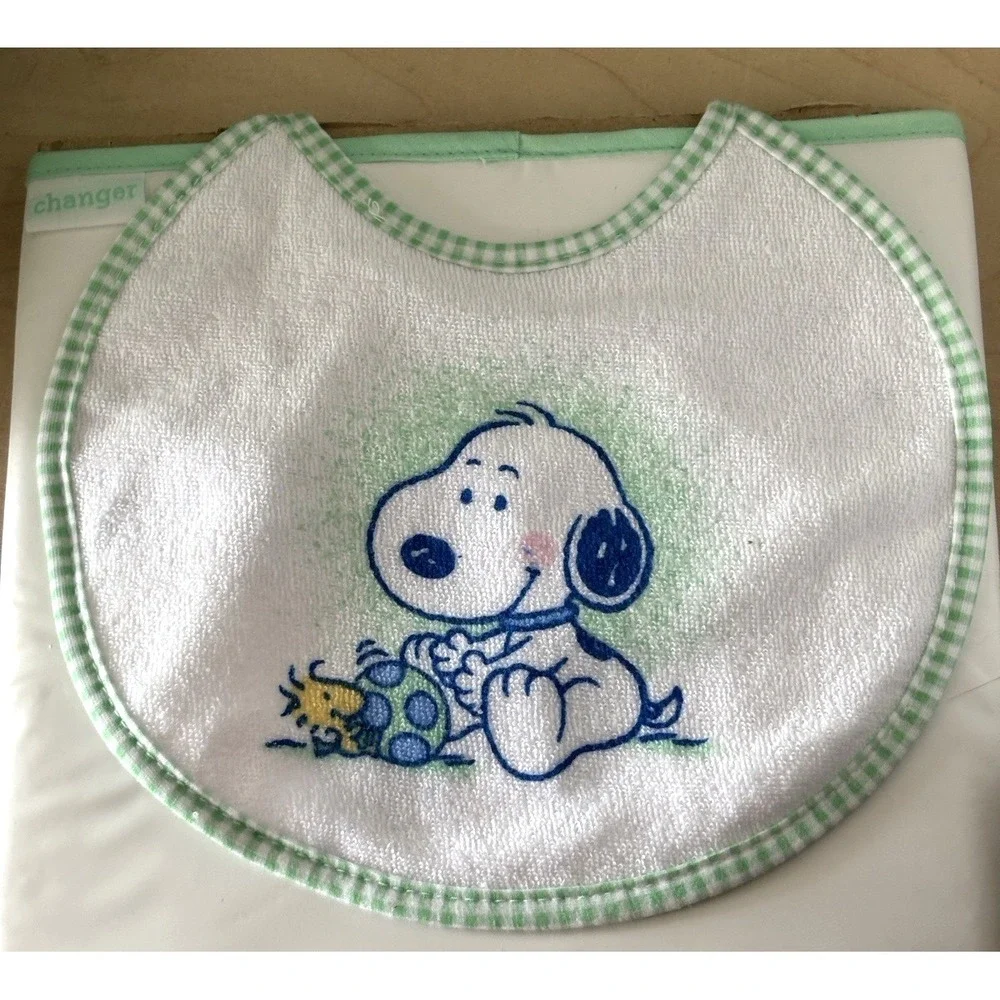 Vtg Baby Snoopy Diaper Bag Changer Bottles Bib Rattle Unused Green Thailand UFS